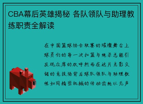 CBA幕后英雄揭秘 各队领队与助理教练职责全解读