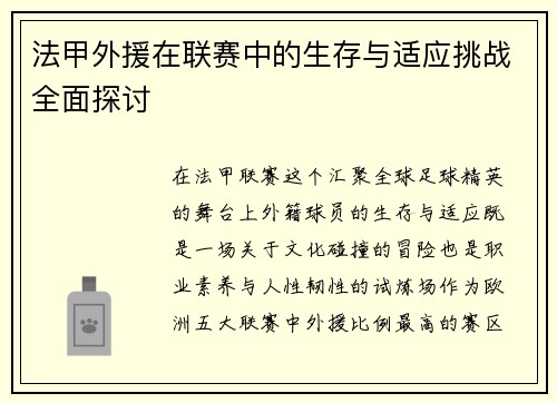 法甲外援在联赛中的生存与适应挑战全面探讨